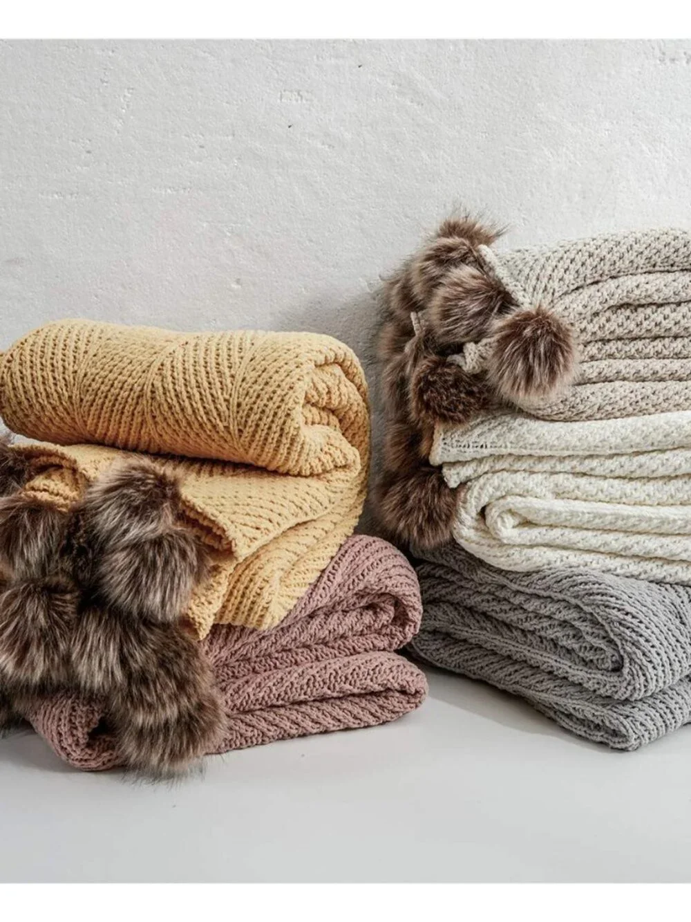 Fur Pom Pom Knit Throw Blanket Super Soft Warm Cozy Cable Knitted Blanket for_6